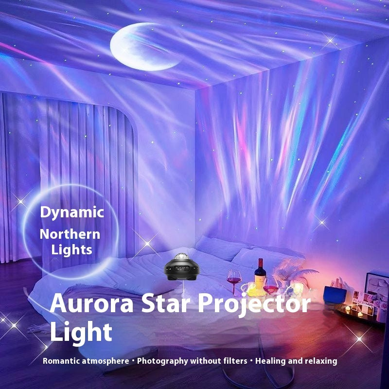 Romantic and sophisticated atmosphere lighting with white and black Aurora Bluetooth moon star projection lamps in cozy room setting